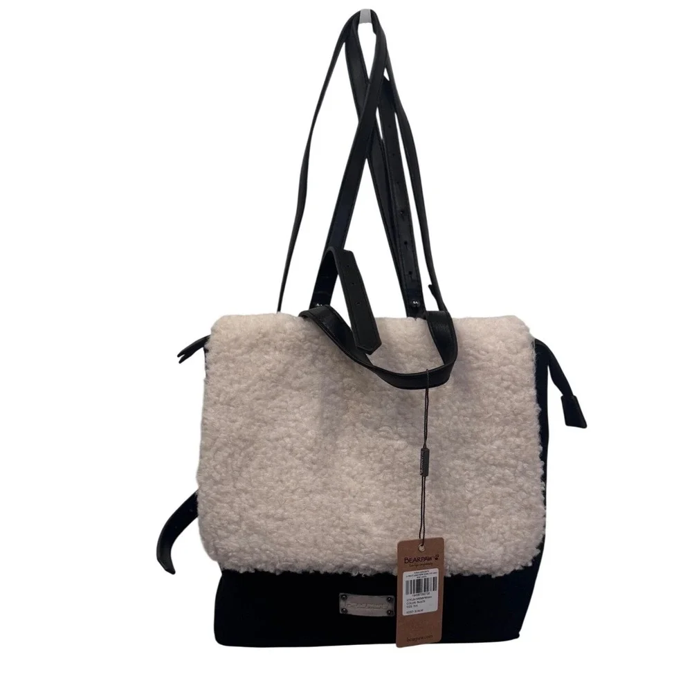 Bearpaw Sherpa Faux Shearling PVC Backpack Black Cream BWBBPW0001 NWT‎ 9.5x11x3
